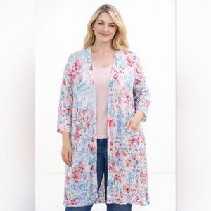 J. Jill Womens Linen Viscose Floral Open Midi Cardigan 2X Cottagecore Romantic